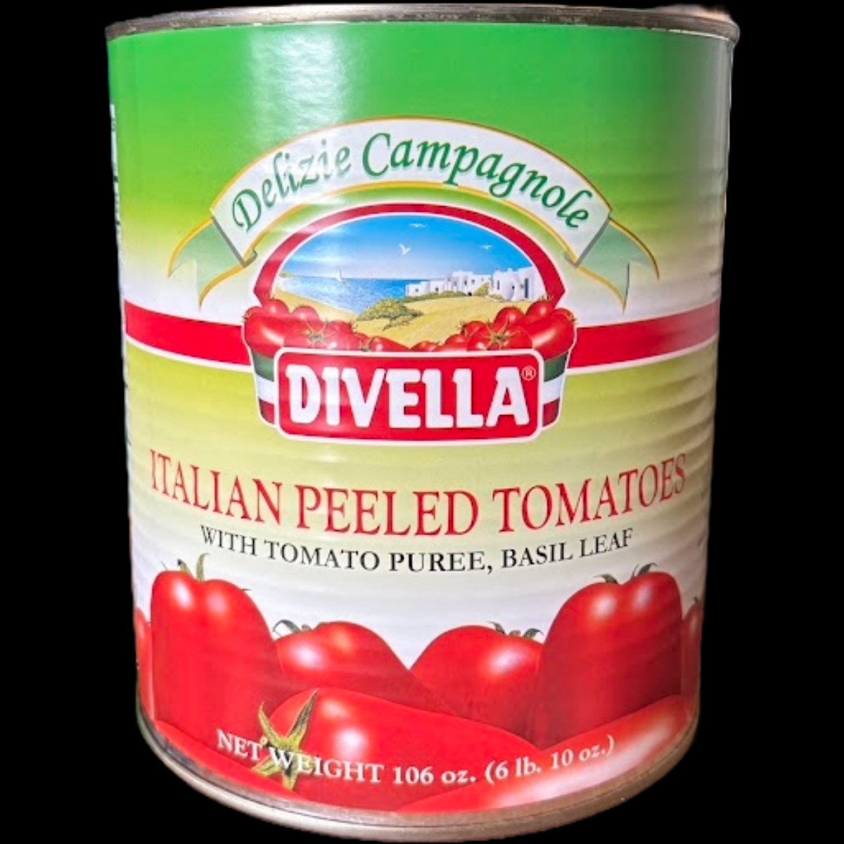 WHOLE PEELED TOMATOES W/BASIL DIVELLA 6/3.4KG (A10)